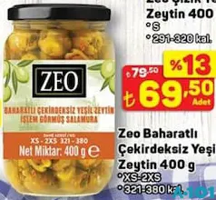 ZEO BAHARATLI ÇEKİRDEKSİZ YEŞİL ZEYTİN 400 G